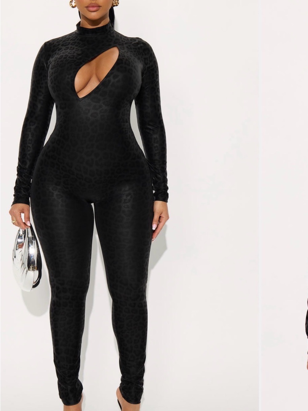 Fashion Nova Black Velvet Leopard-Print Long-Sleeve Jumpsuit - Picture 3 of 3